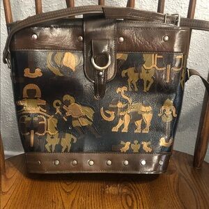 Vintage Brown & Black Leather Elephant Motif Shoulder Bag